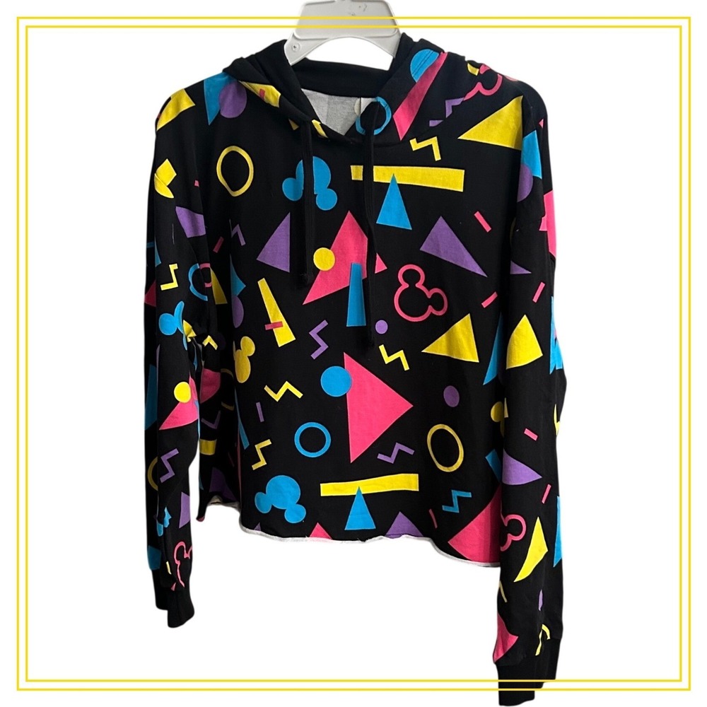 Disney Womens XL Black Geometric‎ Mickey Mouse Hoodie Cropped